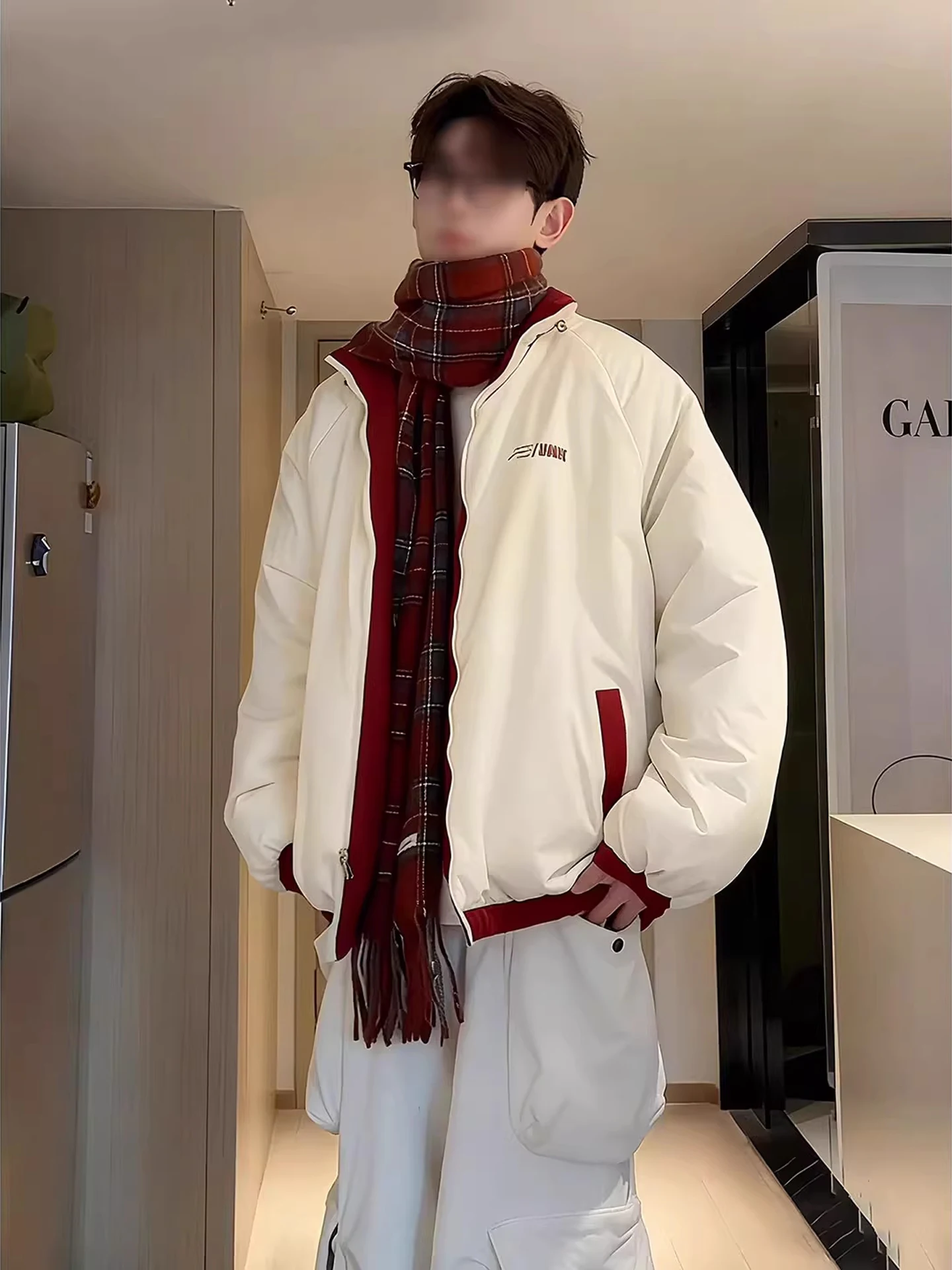 赤と白の両面着用軽量ダウンコットンジャケット男性女性スレ冬厚手暖かいシサスカップルアウターウェア