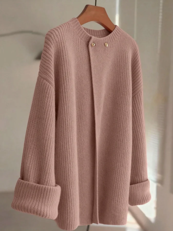 Lazy Style Round Neck Knitted Cardigan for Women, Loose Fit with Dropped Shoulders and Rolled Sleeves, Thick Sweater Coat