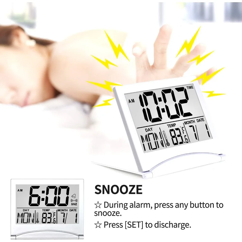 

Digital Travel Alarm Clock - Foldable Calendar Temperature Timer Clock with Sleep Mode - Large Digital Display