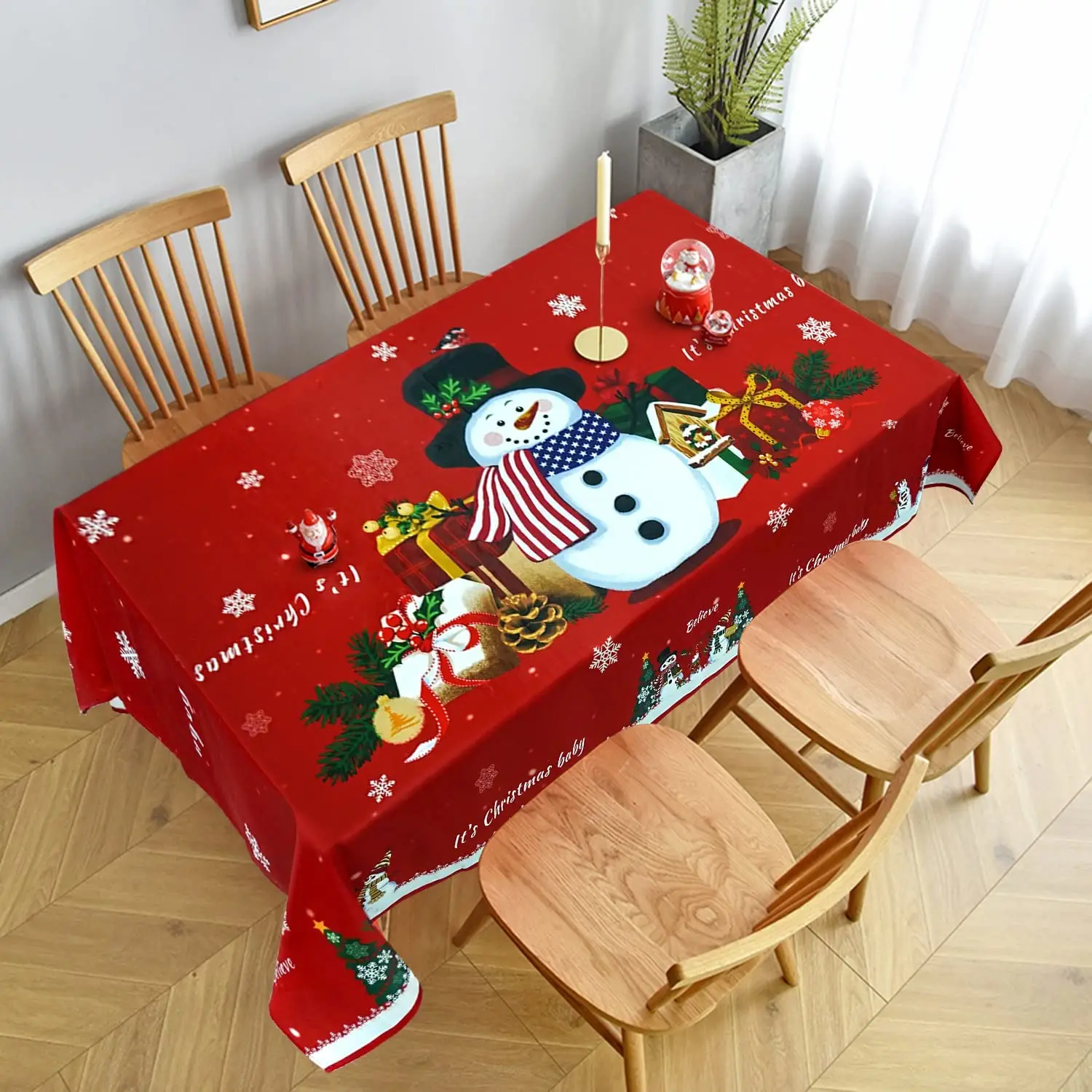 Christmas Rectangle Tablecloth, Snowflake Snowman and Santa Claus Print Desktop, Winter Holiday Wedding/kitchen Decoration