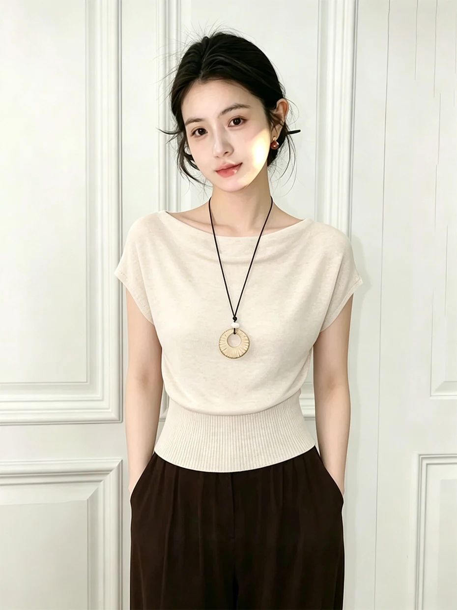 French Style Knitted Top Women's Summer Slim Fit Short Sleeve Batwing Sleeve Unique Beautiful Waist Cinched T-Shirt