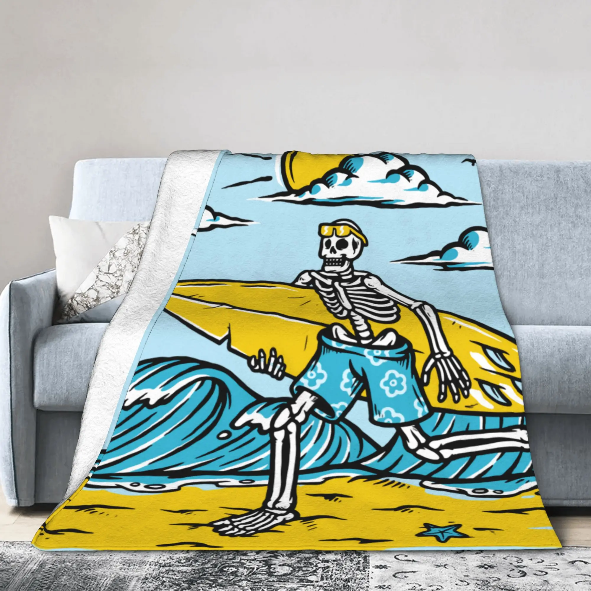 Custom Surfing Skeleton Blanket Warm Fleece Soft Flannel Summer Beach Surfer Throw Blankets for Bed Sofa Office Spring Autumn