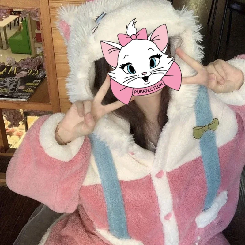 Disney Marie Cat Lucifer Cat Plushes Pajamas Robes for Women Winter Warm Home Hooded Thicken Sleepwear Kawaii Couple Bath Robe