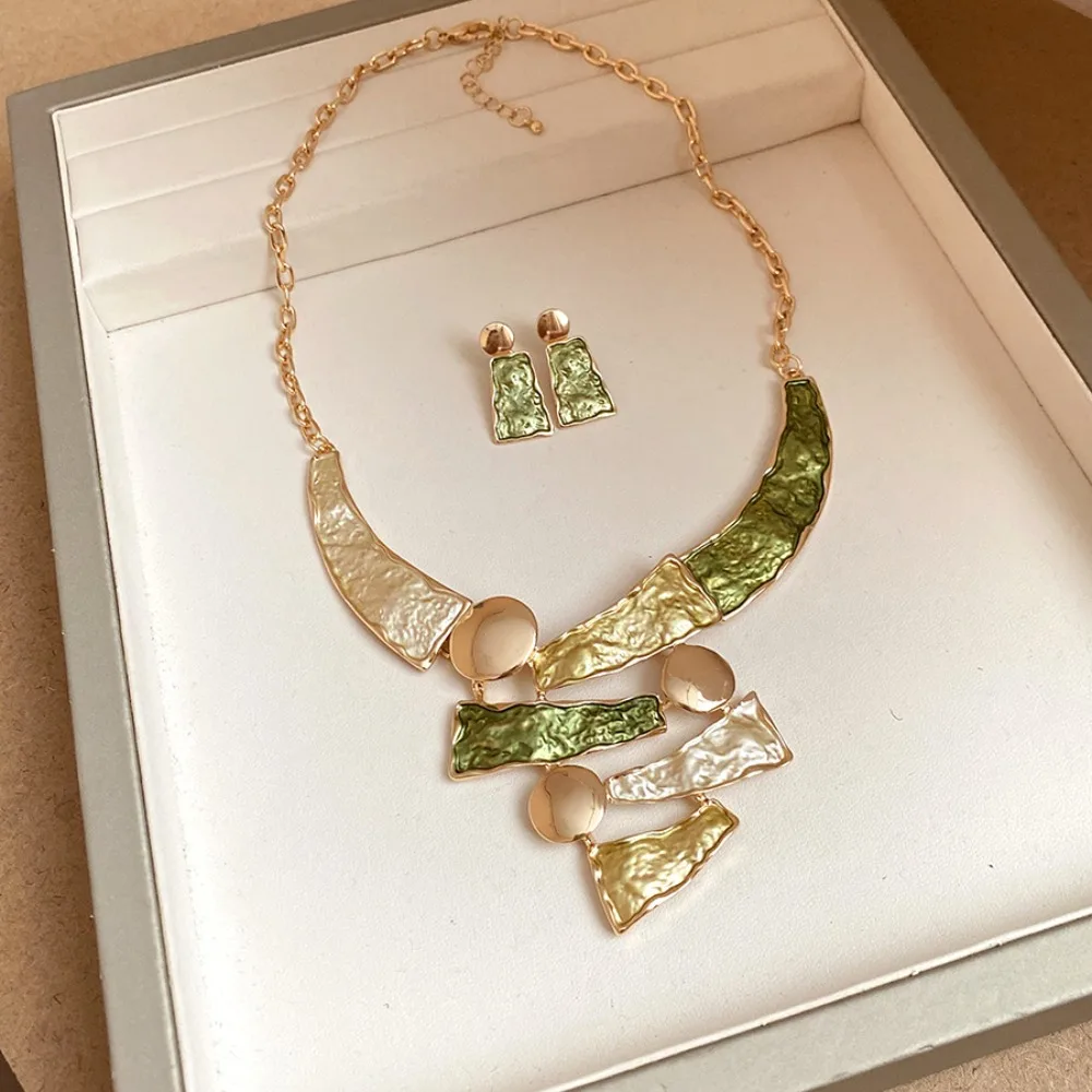 خط هندسي ملون النفط اللوحة الأقراط قلادة مبالغ فيها العصرية المرأة قلادة القرط مجموعة سلسلة الترقوة