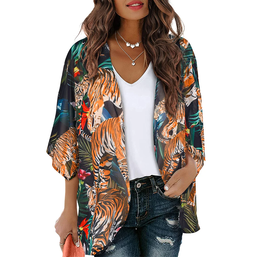 Women Summer Long Flowy Kimono Cardigans Boho Chiffon Floral Beach Cover Micro Bikinis Female Bathing Suit Top Short Sleeve