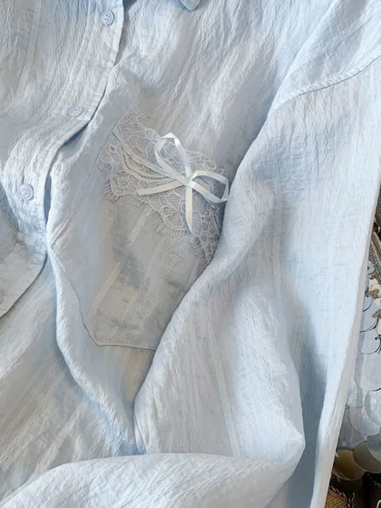 Zoki Blue Sweet Sun Proof เสื้อผู้หญิง Lace Patchwork เกาหลีเสื้อหลวมแฟชั่นแขนยาว Elegant หญิงสบายๆเสื้อน่ารัก