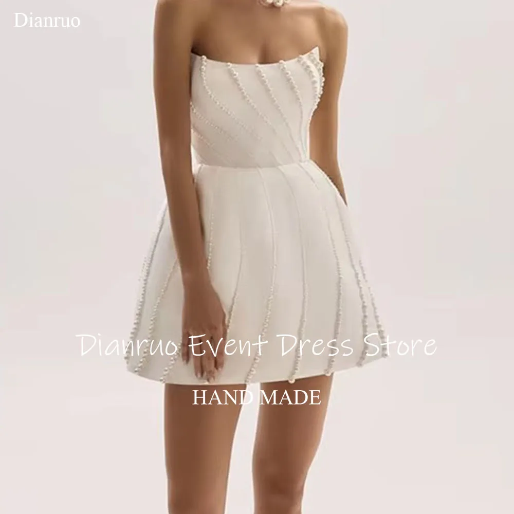 

Dianruo Pearl Embellished Romantic Wedding Dresses Strapless A Line Homecoming Dress Satin Above Knee Party Dresses Customized