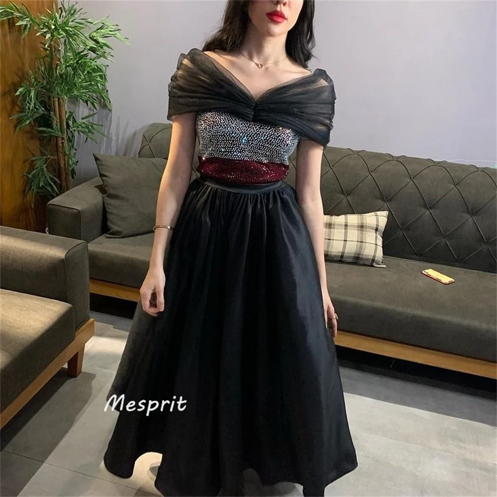 Mesprit Exquisite Off the Shoulder A-line Draped Beading Tulle Satin Bespoke Occasion Dresses Prom 