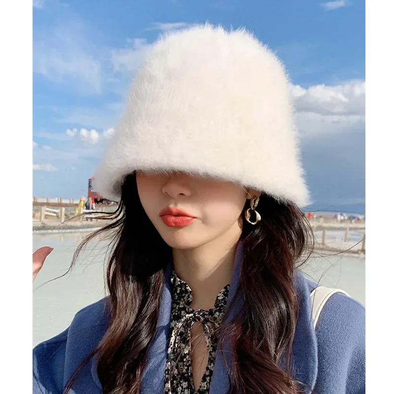 1 Pcs Concise Design New Winter Faux Rabbit Fur Bucket Hat For Women Girls Thickened Warm Foldable Solid Color Outdoor Furry Hat