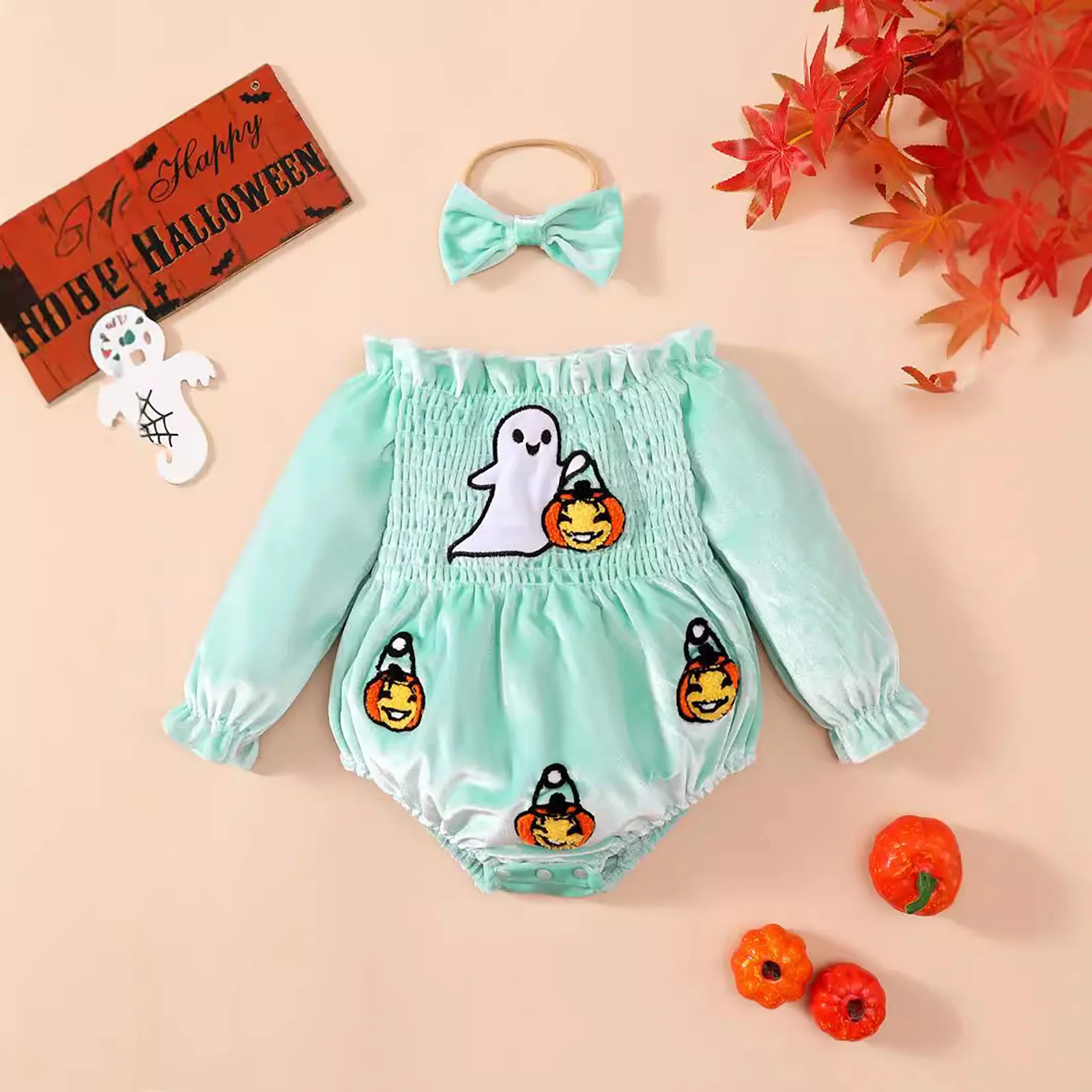 

Infant Baby Girls Ruffles Bodysuits Halloween Newborn Romper Pumpkin Ghost Printed Long Sleeve Jumpsuits Headband Clothes Set