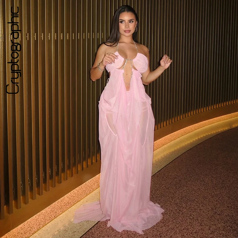 

Cryptographic Women's Sexy Halter Maxi Dress Plunging Neck Cutout Backless Sleeveless Mesh Party Gown for Birthday Prom Cocktail