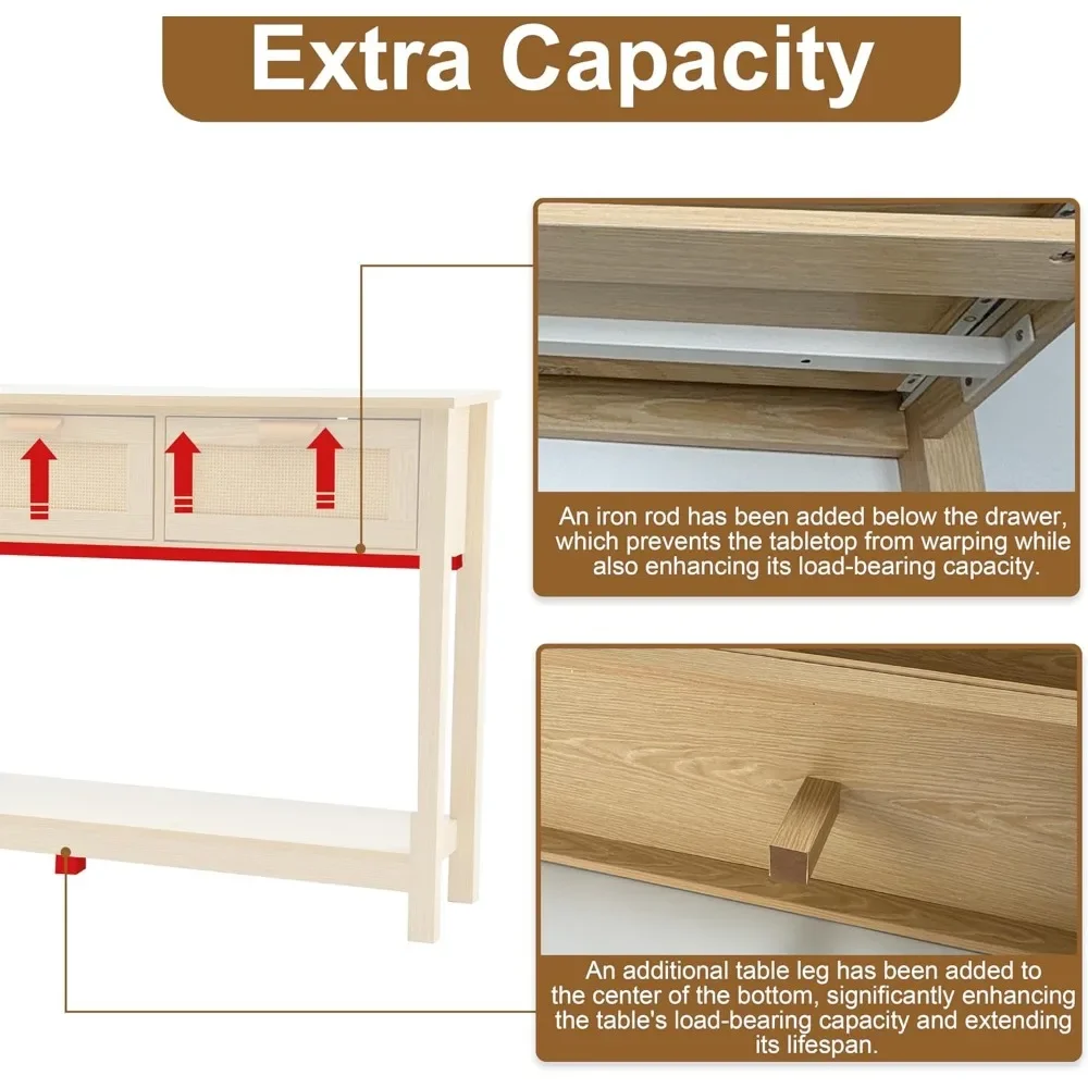 طاولة كونسول من الروطان مع 3 أدراج، طاولة مدخل بوهو مع مساحة تخزين، طاولة أريكة طويلة ضيقة مع رف مفتوح، بهو #3