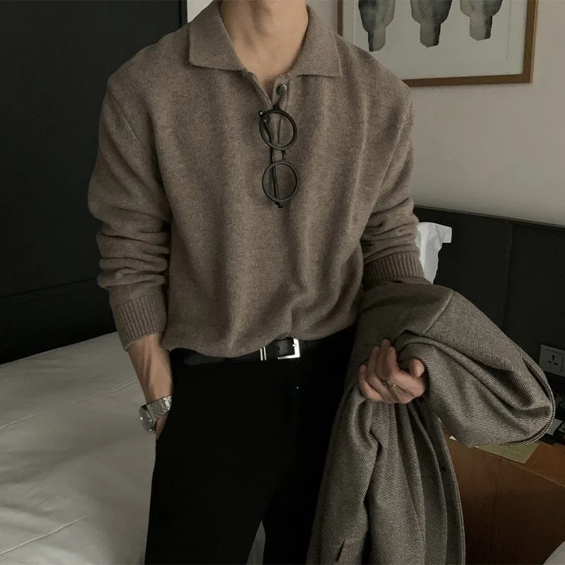 

New Men Korean Style Polo Neck Sweater Light Luxury Knitted Long Sleeve Pullover Casual Solid Color Streetwear Leisure Knitwear