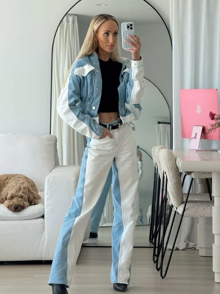 Women Color Blocked Denim Pants Set Fashion Single Breasted Jacket Casual Two-piece Sets Lady New Daily Commuting Street Outfit