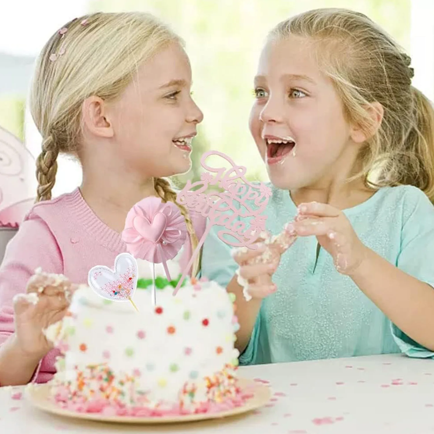 Roségoldenes Happy Birthday-Kuchenaufsatz-Set, 5-teilig, herzförmige rosa Perlen, Cupcake-Topper für Mädchen und Frauen, Prinzessinnen-Party-Dekorationen – Detail 2