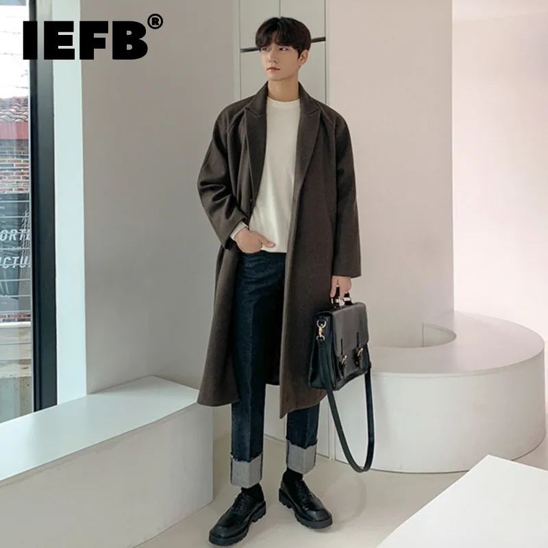 

IEFB Korean Style Men's Woolen Coat Lace-up Casual Solid Color Single Button Male Windbreaker New Autumn Fashion 2024 9Y5235