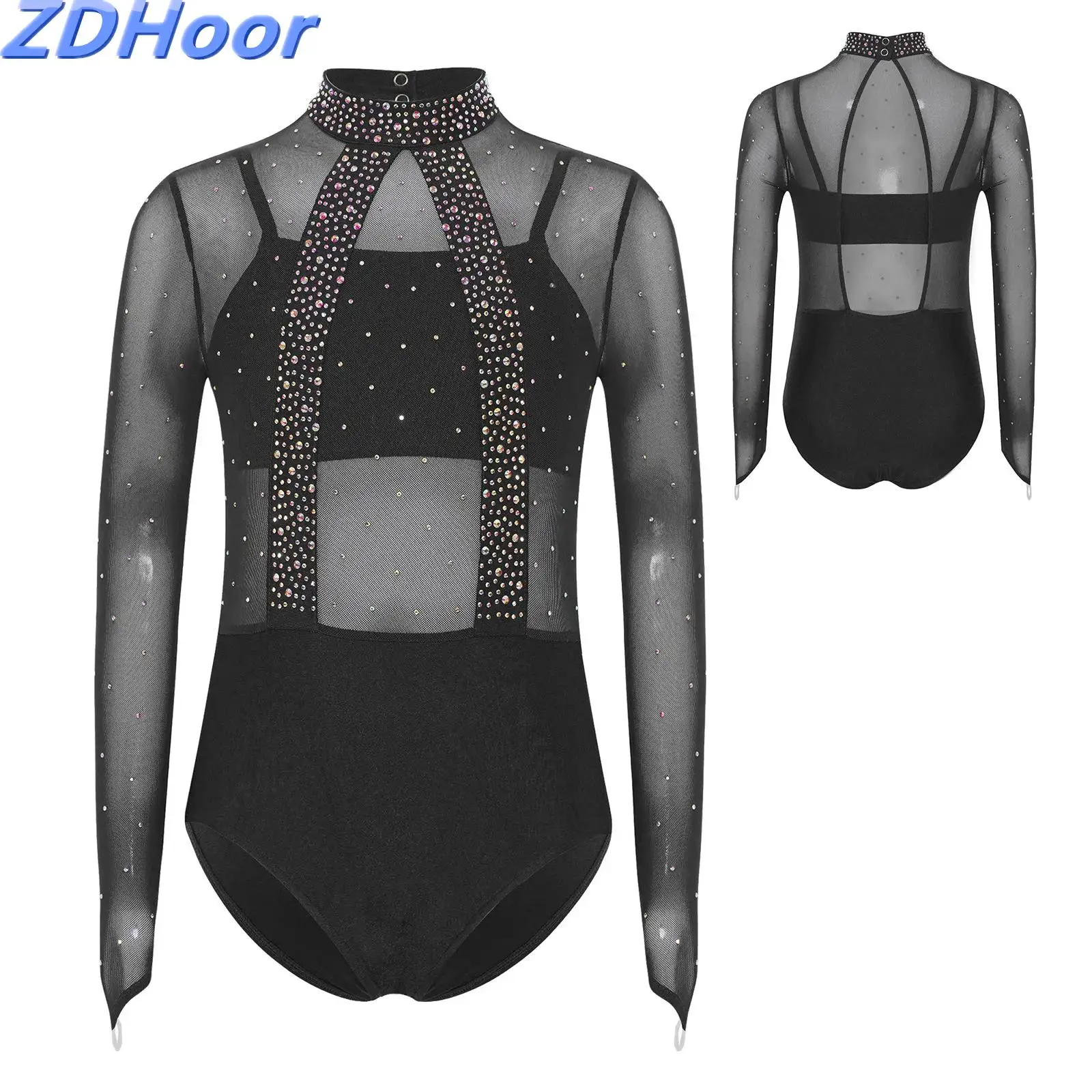 

Kids Girls Cutout Back Dance Leotard Mock Neck Long Sleeve Shiny Rhinestones Sheer Mesh Gymnastics Leotard with Camisole