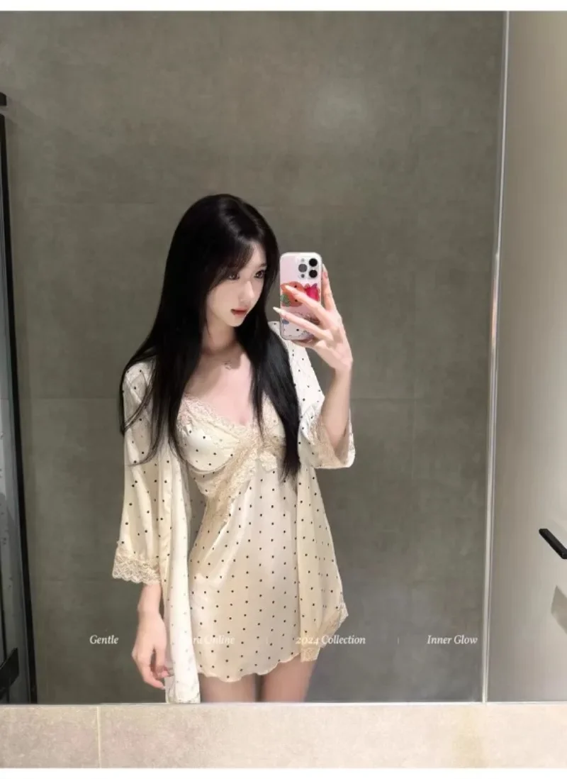 Conjunto de Pijama de Satén con Cuello en V y Encaje para Mujer, Camisón Sexy y Encantador con Tirantes y Cuello Puntiagudo, Ideal para el Hogar, NUEVO