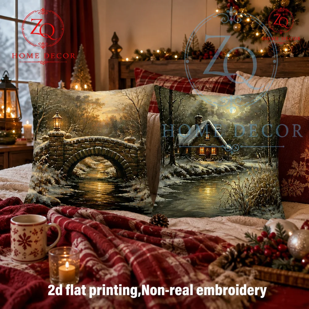 Vintage Winter Cottage Stone Bridge Throw Pillow Cover Rustic Christmas Farmhouse Holiday Decor