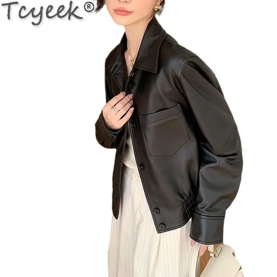 Tcyeek จริงหนังแจ็คเก็ตผู้หญิง 2024 แฟชั่น Sheepskin Coat ผู้หญิงสีดําแจ็คเก็ตหนังฤดูใบไม้ผลิฤดูใบไม้ร่วงเสื้อผ้า Jaqueta Couro