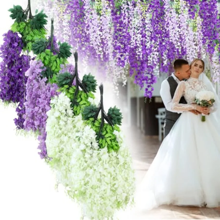 

Wisteria Hanging Flowers for Wedding Arch Indoor Outdoor Decor: 96 Pcs Purple White Silk Artificial Garland, 3.5 ft, Realistic