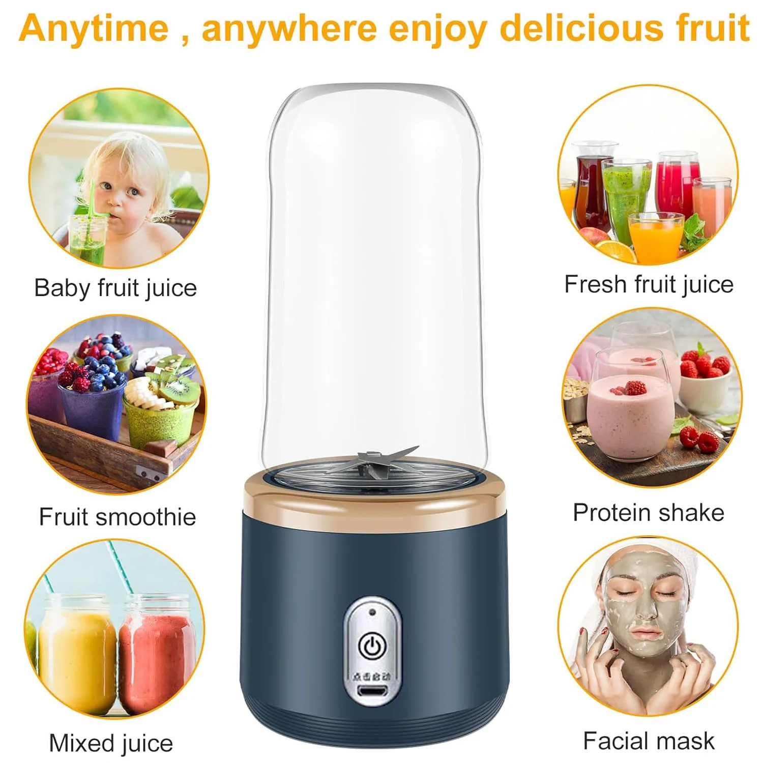Portable Blender Smoothie Maker Mini Juice Blender Cup Rechargeable Fruit Shakes Juicer Mixer 400ml 6 Blades for Travel
