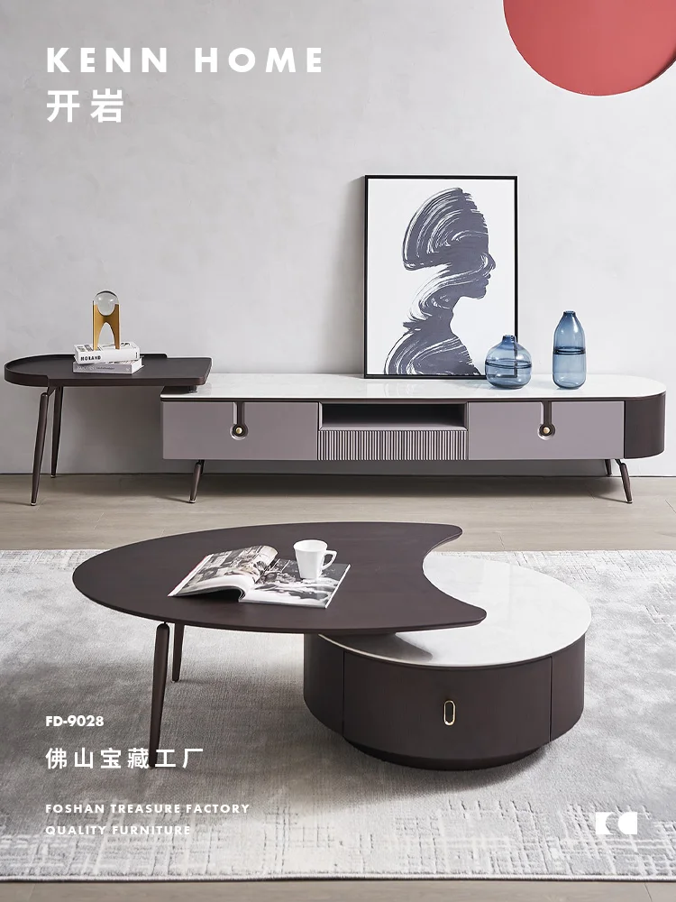 Hxl Light Luxury High-End round Stone Plate Coffee Table Smoked Wood Height Retractable round Coffee Table Combination