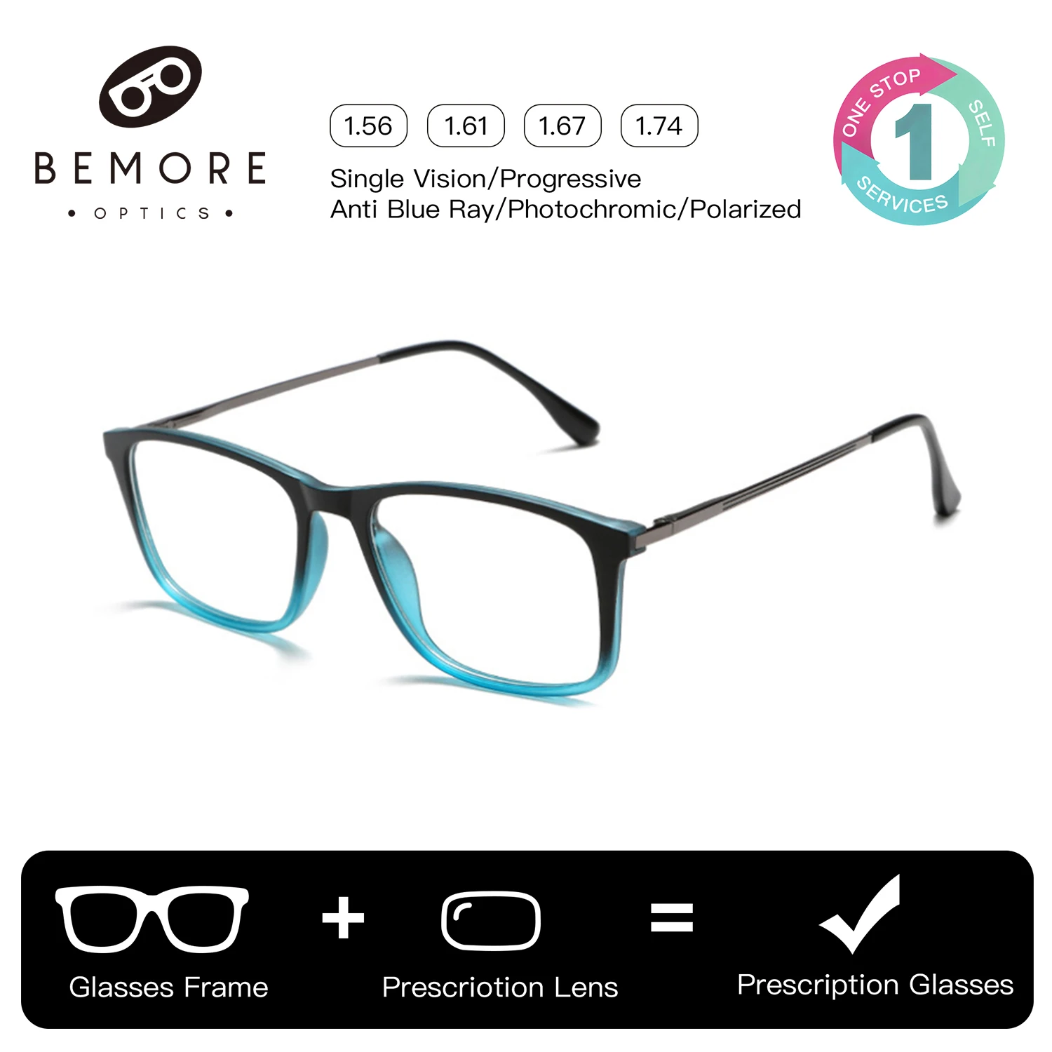 

BEMORE Men Square Clip on Prescription Glasses Acetate Polarized UV400 Protection Sunscreen Goggles Myopia Optical Eyeglasses