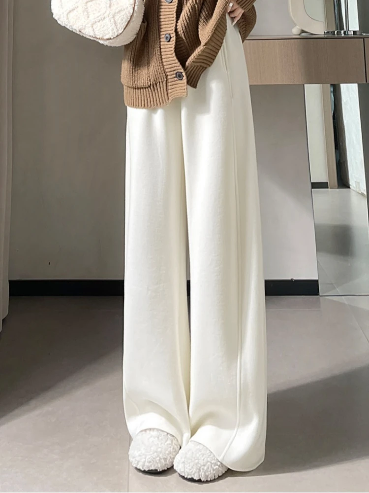 Pantalon taille haute en cachemire à jambes larges pour femme, pantalon droit décontracté, élégant, ample, chaud, riz gluant, nouvelle collection automne hiver