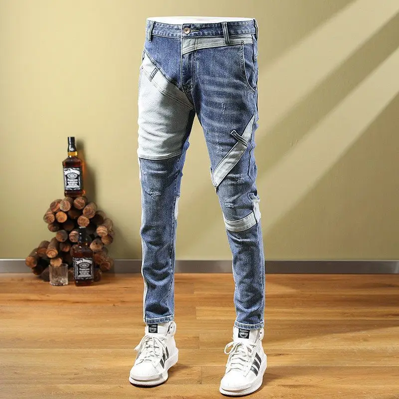 Trendy Brand 2026 Retro Splicing Men's Trendy Jeans Slim-fit Elastic Youth Locomotive Fashion Autumn Tactical Pants for Man