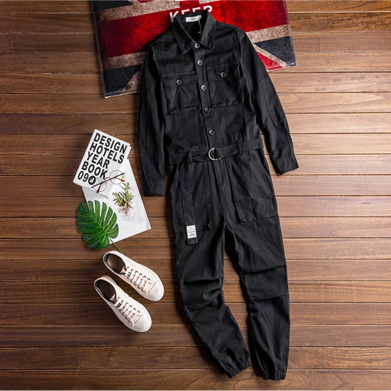 Jeans Men Men's Jumpsuit Lapel Long Sleeve Multi-Pocket Ankle Length Beam Feet Overalls Fashion Black Yellow Freight Trousers