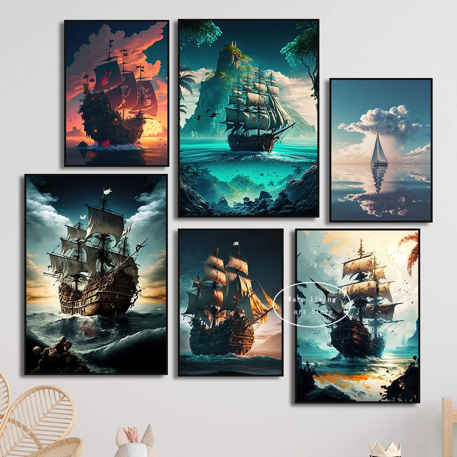 Black Pirate Ship Canvas Painting Vintage Sailing Ship Sea Storm Skull  Seascape Boat Moon Poster Print Wall Art Room Home Decor