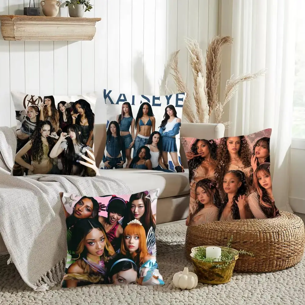 Band K-Katseye Cushion Cover Silky Short Plush Invisible Zipper Dustproof Sofa Pillow Case for Home Decor
