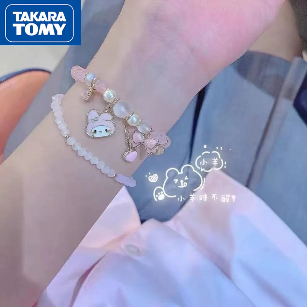 TAKARA TOMY 2022 New Cartoon Hello Kitty Beaded Crystal Bracelet Cute Sweet Girlfriend Gift