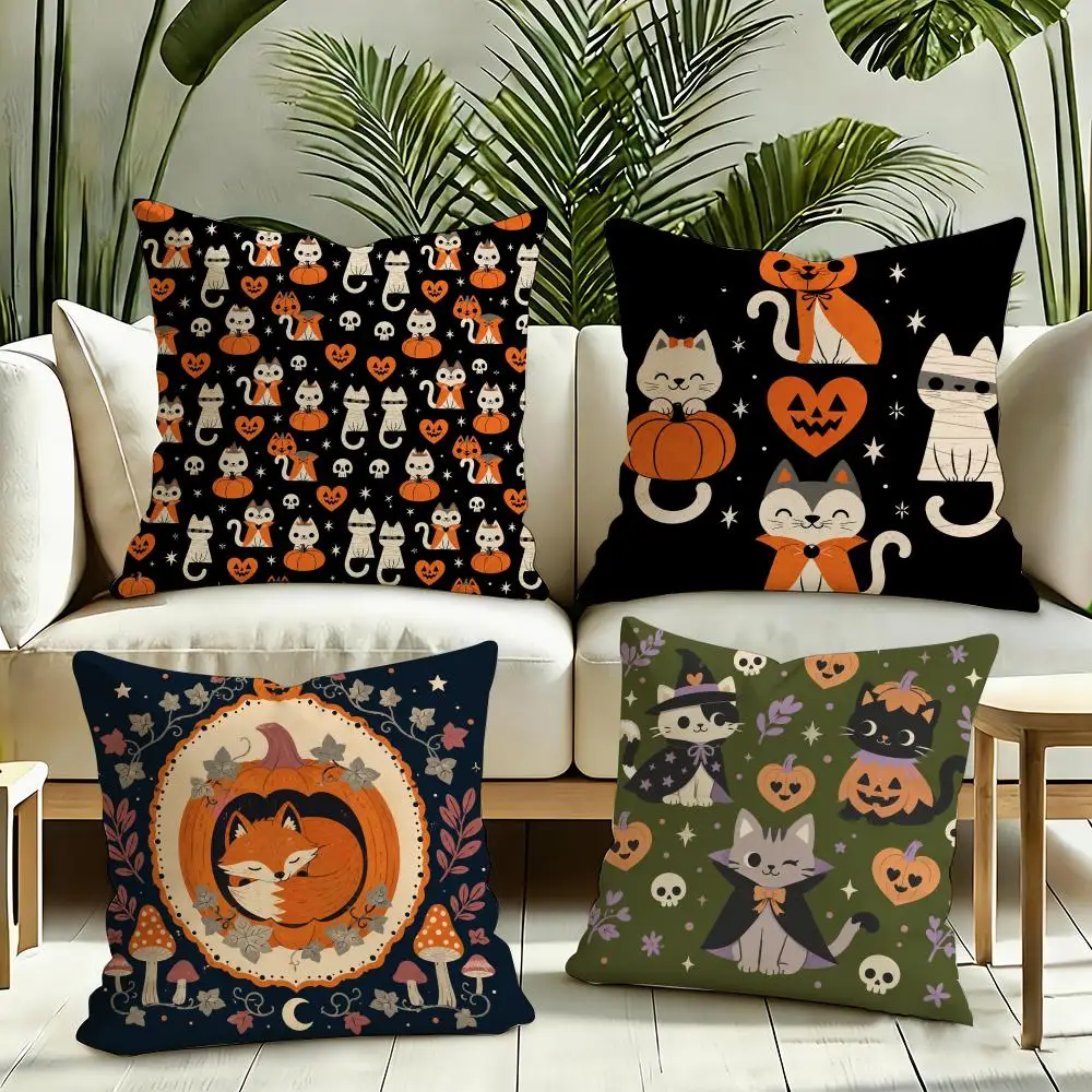 Folk Cat Pumpkin Halloween Cushion Cover Reversible Plush Pillow Cover Soft Fluffy  Home Decor for Sofa Bedroom