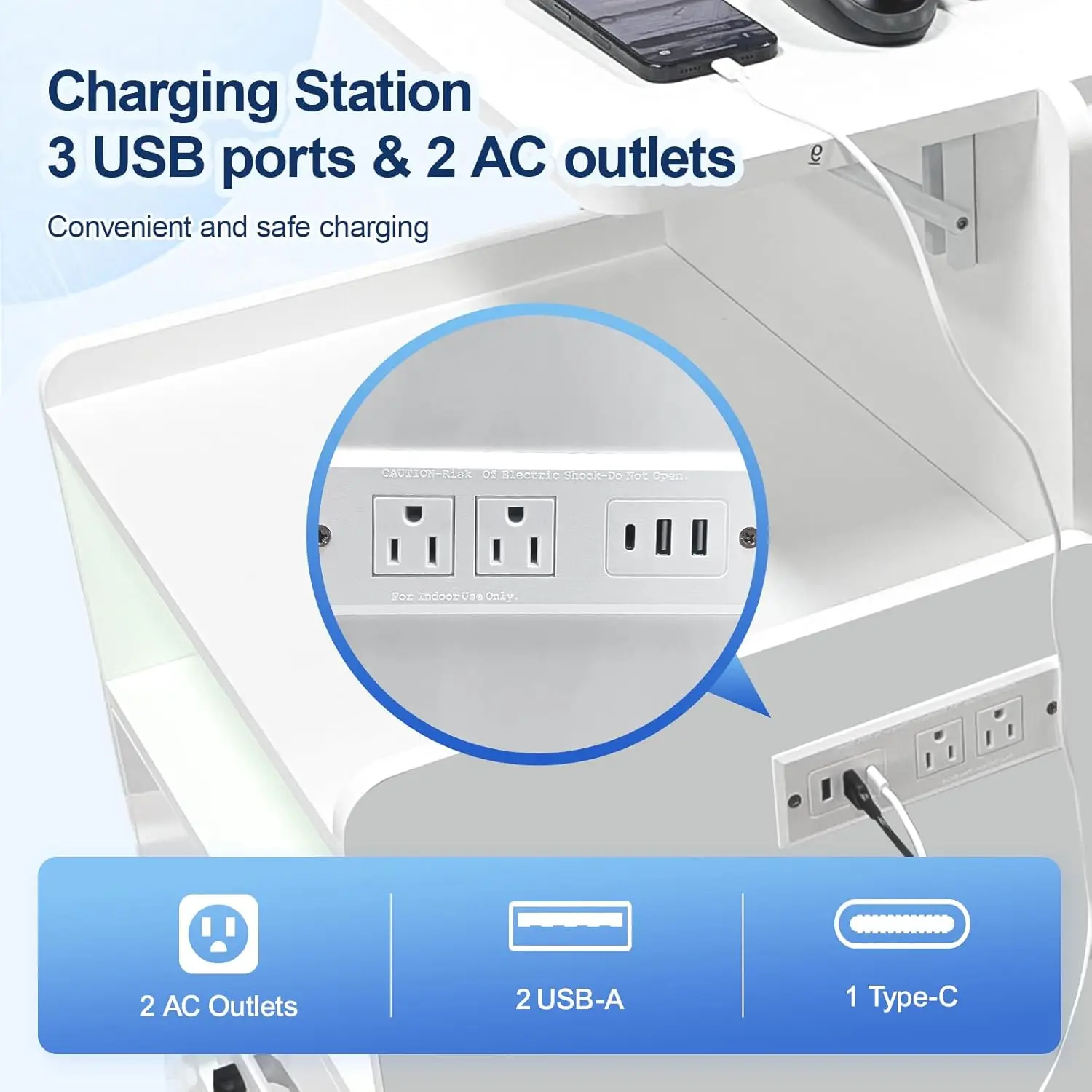 حامل ليلي قابل للتعديل مع طاولة لاب توب قابلة للطي ، حامل بجانب السرير مع عجلات مخفية ، مصابيح ليد ، منفذ شريط طاقة ، منفذ