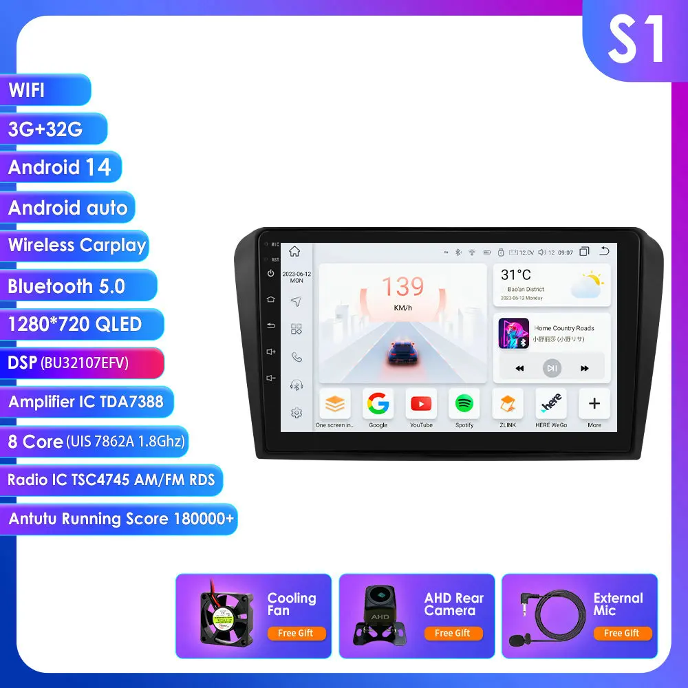 8Core Android 14 Carplay voor Mazda 3 2004 2005 2006 2007 2008 2009 Autoradio met BOSE Multimedia Speler 2 Din Stereo GPS Navi - afbeelding 1