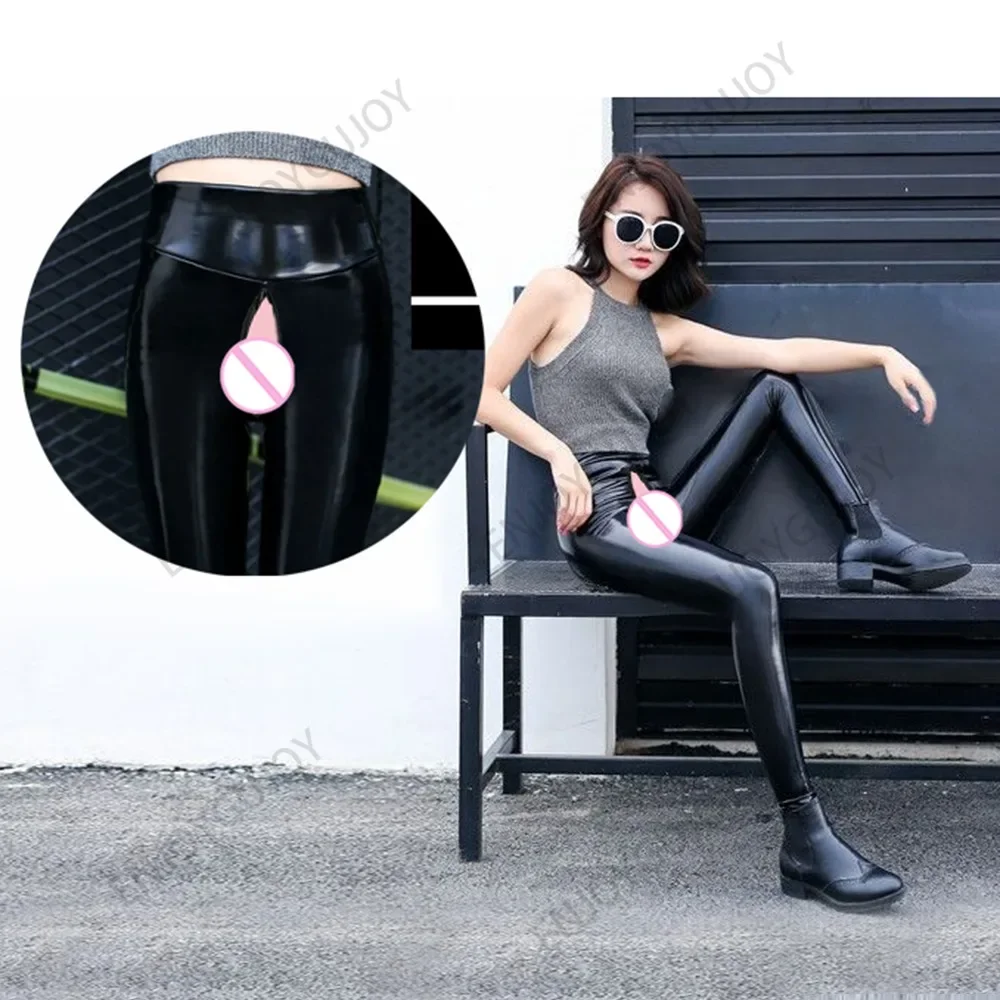 กางเกงหนังเทียม PU แบบเปิดเป้า ใส่เล่นกลางแจ้ง กระชับรูปร่าง สำหรับผู้หญิง สไตล์เอ็กโซติก เอวสูง เซ็กซี่ เหมาะสำหรับโยคะและไนท์คลับ