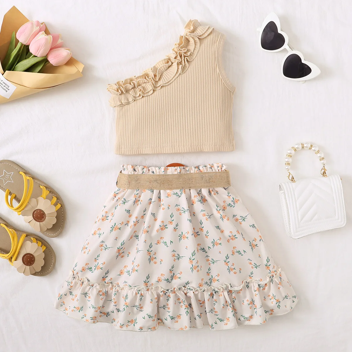 New Child Clothes Sets One Shoulder Sleeveless Ruffles Belt Print Floral Apricot 2 Piece Sets Designer Girls Clothes Set 18M-6T