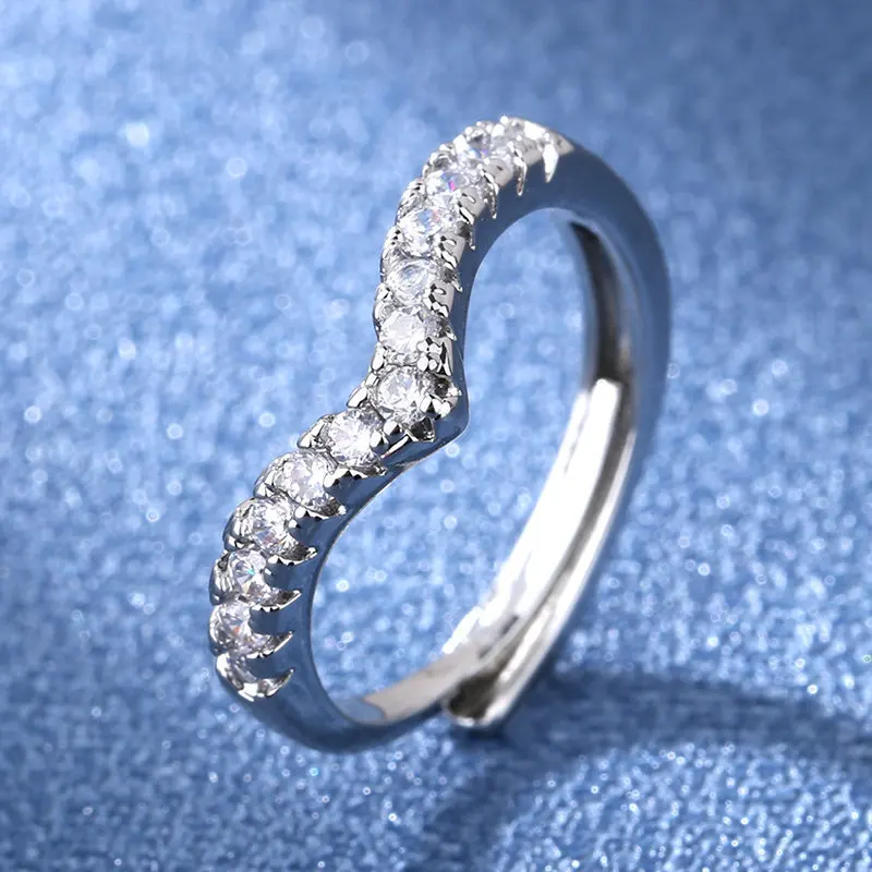 

S925 sterling silver elegant jewelry diamond V-row ring inlaid with diamonds diamond ring tail ring combination stacking