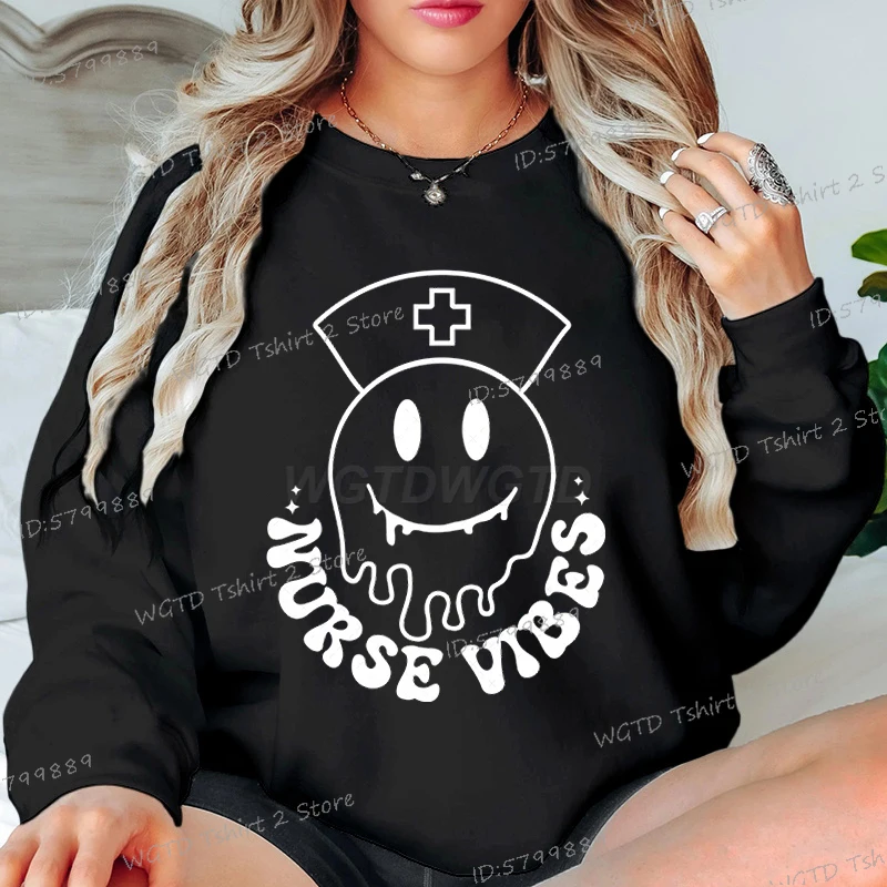

Nurse Vibes Print Funny Retro Women Hoodless Sweatshirts Long Sleeve Casual Ladies Streetwear Nurse Boho Style Fashion Pullover