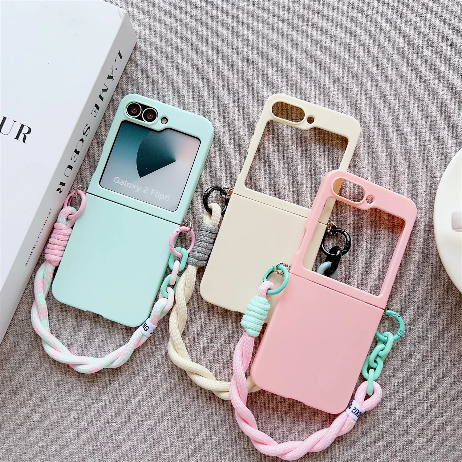 Phone Case For Samsung Galaxy Z Flip 4 5 6 Flip6 Flip5 Flip4 Cute Candy Solid Protective Cover With Wrist Strap Slim