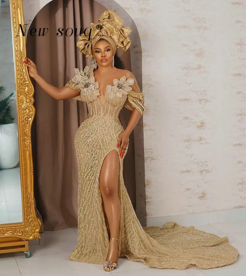 Aso Ebi Gold Beaded African Mermaid Prom Dresses with Detachable Train Handmade 3D Flower Nigerian Wedding Reception Party Gowns - AliExpress 320 Aso Ebi Gold Beaded African Mermaid Prom Dresses with Detachable Train Handmade 3D Flower Nigerian Wedding Reception Party Gowns - AliExpress 320