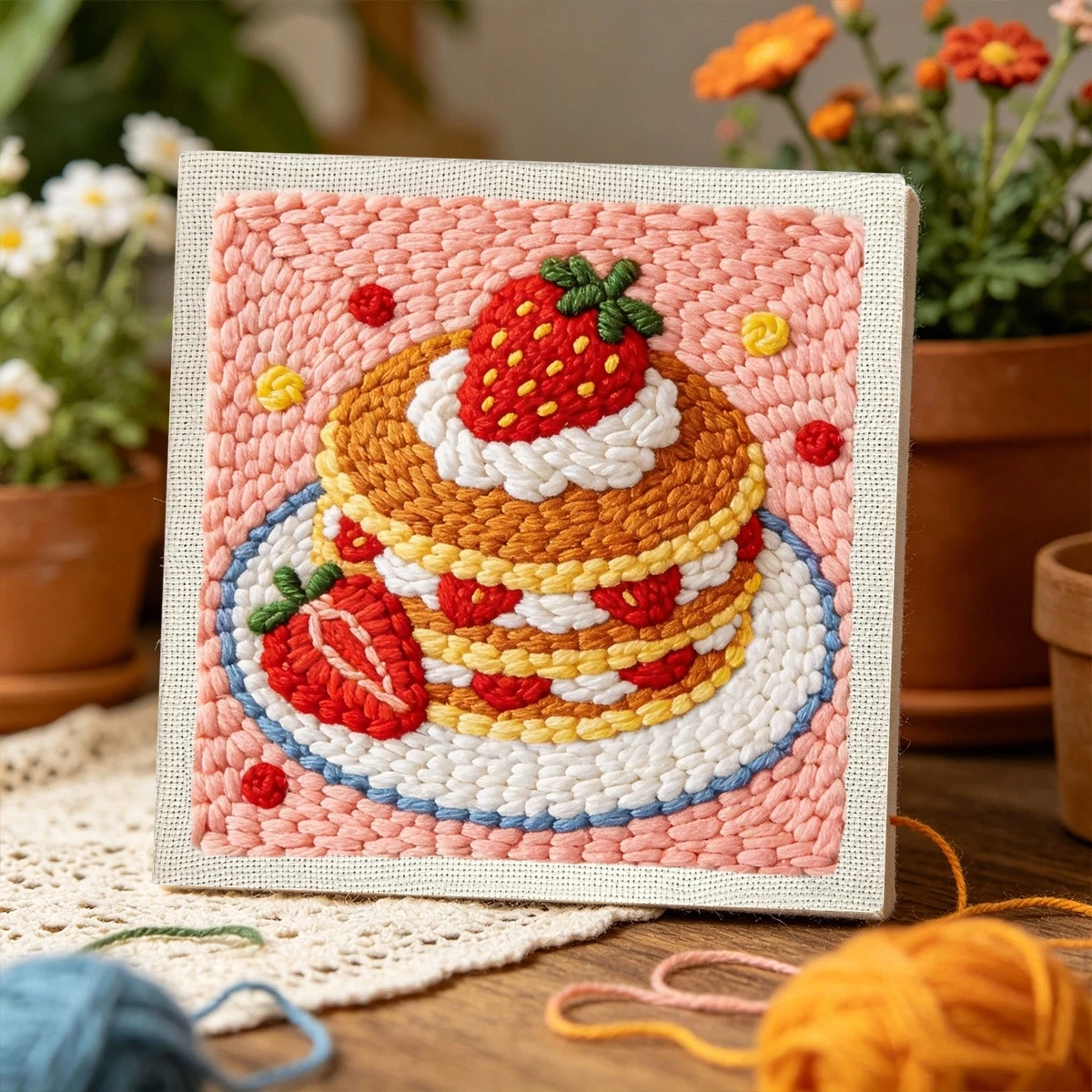 1 Set Erdbeer-Pfannkuchen DIY-Stickerei-Set für Anfänger, Stickerei-Starter-Kit, Kreuzstich-Kunstgeschenk, Handarbeits-Bastelset – Detail 3