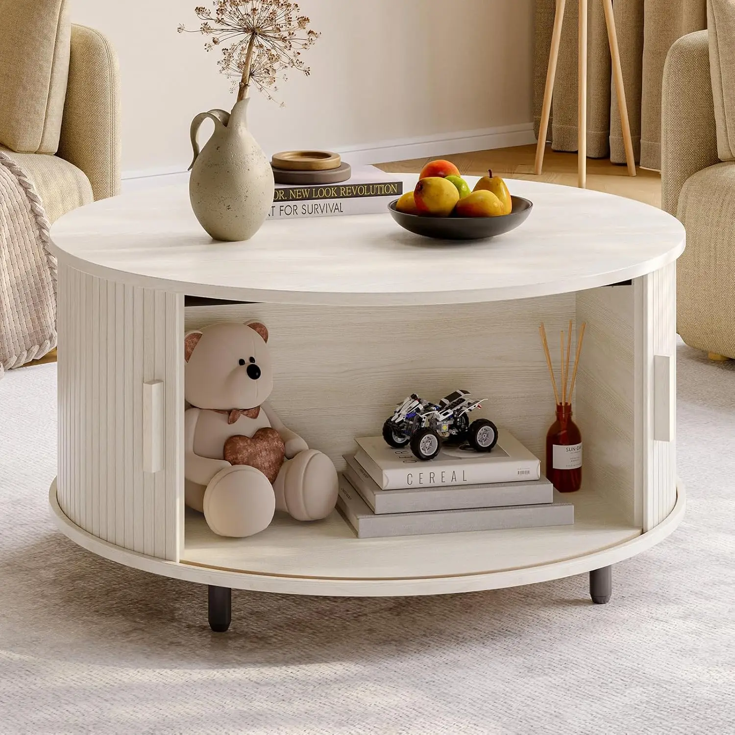 

Round Coffee Table with Storage, 31.5" Modern Coffee Table with 360° Curved Sliding Door, Fluted Wood Coffee Table with Adjustab