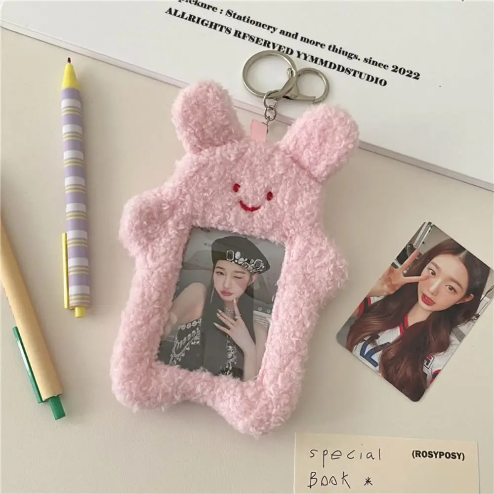 Cute Cat Rabbit Plush Photocard Holder Photo Sleeve Protective Case Student ID Card Cover With Keychain Pendant