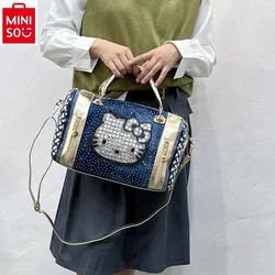 MINISO 2024 Fashion denim diamond inlaid large capacity handbag for women's high-quality versatile diagonal cross bag