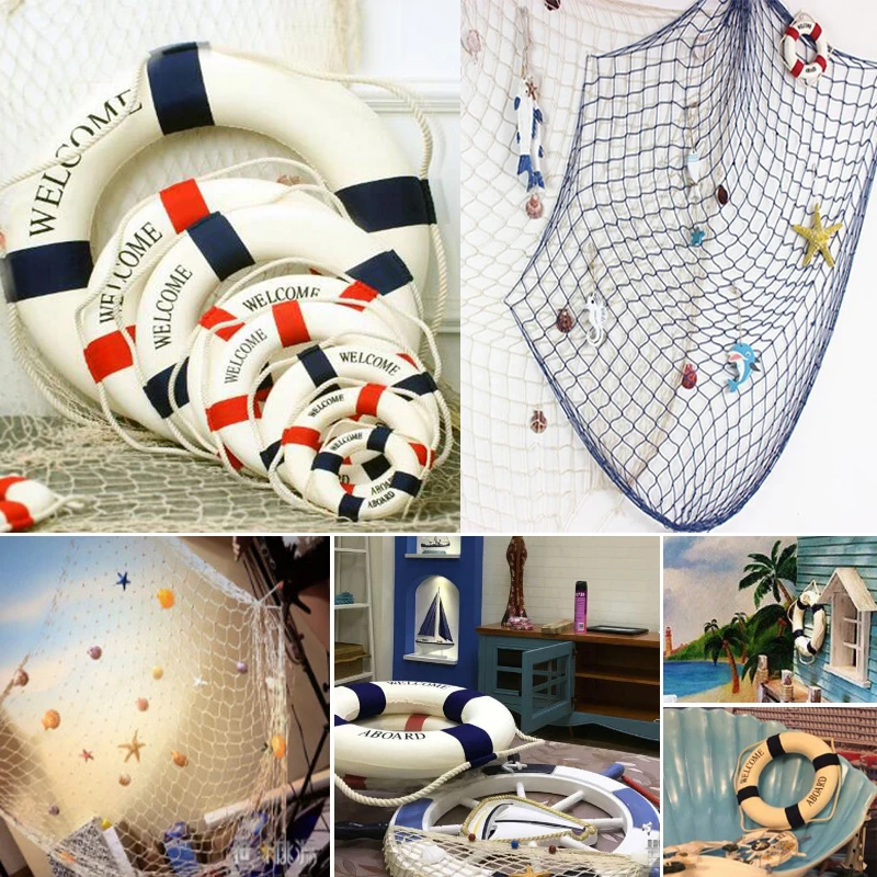 Fishing Net Nautical Style Decorative Red Blue Life Home Marine Beach Wall Decoration Life Buoy Crafts Living Room Decoration