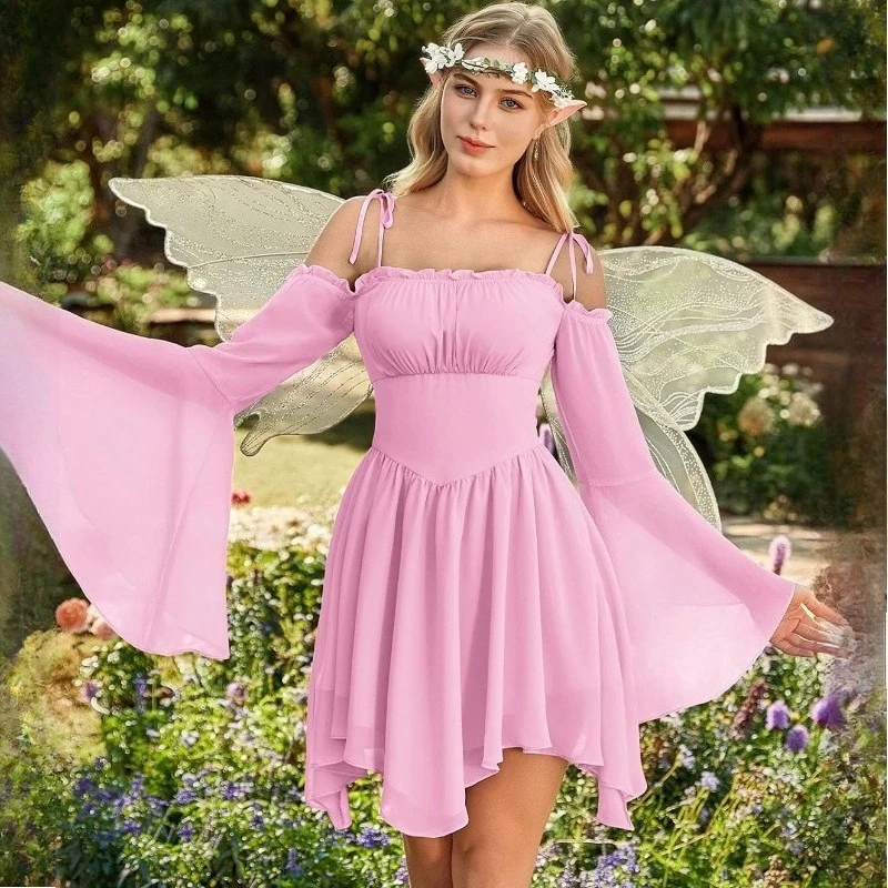

Darkness Womens Asymmetrical Renaissance Fairy Dress A Line Boho Off Shoulder Corset Dress with Wings, hair accessories, ears