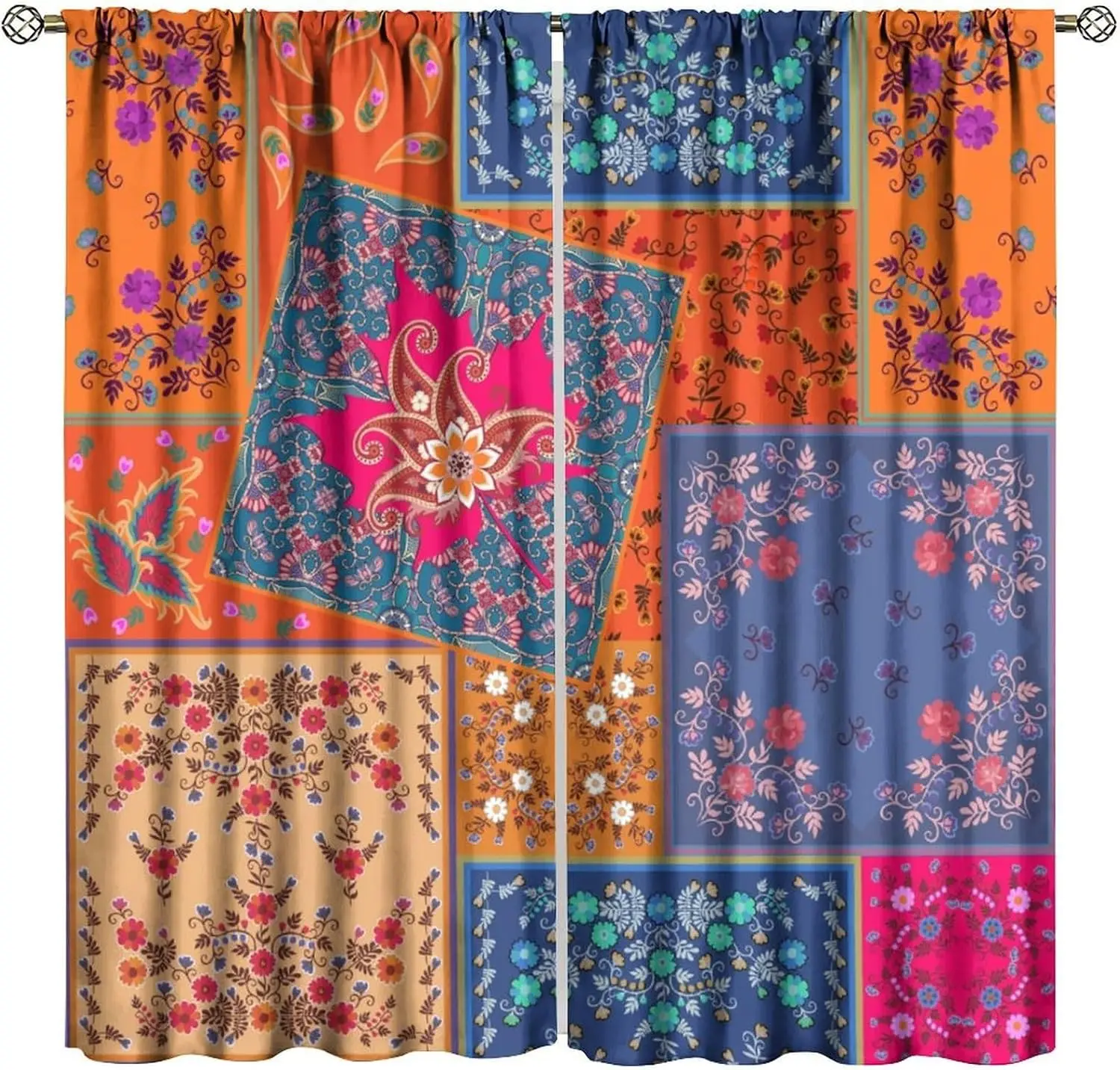 Boho Floral Patchwork Curtains Pair 2pcs Colorful Tapestry Window Drapes for Living Room Bedroom Home Decor Style